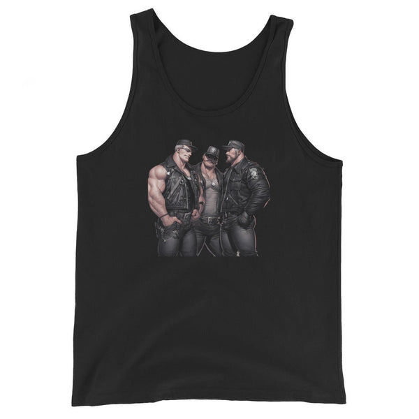 Gay Leather Bar Dudes Tank Top featuring three muscular men in leather attire.