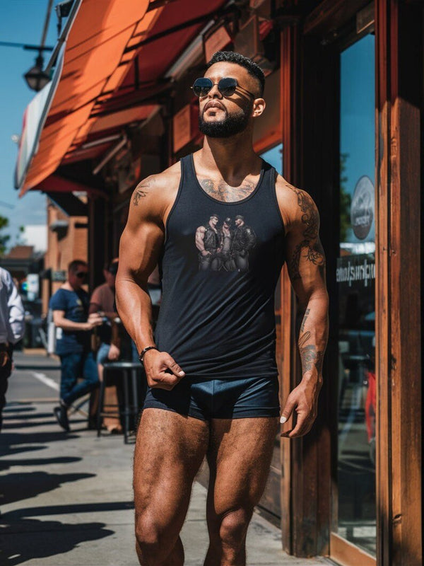 Model wearing Gay Leather Bar Dudes Tank Top, showcasing a muscular physique outdoors.