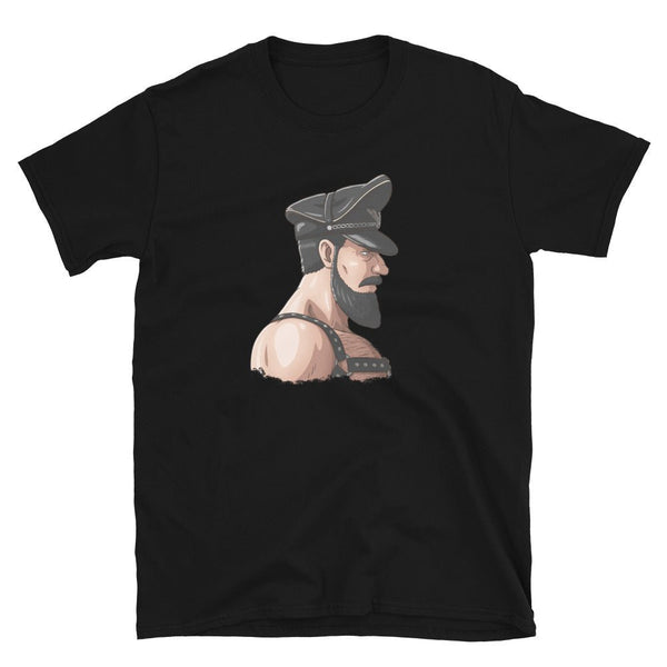 Gay Leather Daddy Bear Pride Flag Colors for Gay Bear Cub Shirt, Gay Pride Gift featuring a muscular man in leather attire.