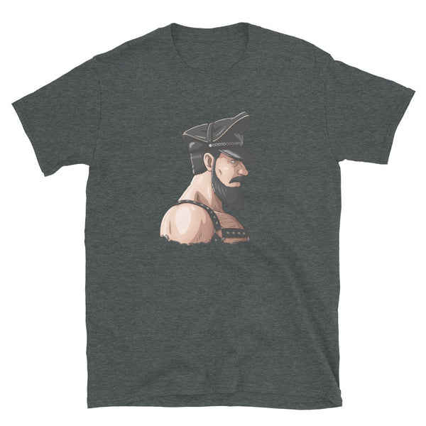 Gay Leather Daddy Bear Pride Flag Colors for Gay Bear Cub Shirt design featuring muscular man in leather.