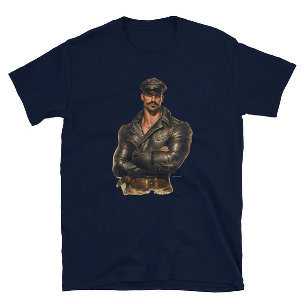 Gay Leather Gay Daddy Man Bear Dom Top Gay Beard Pride graphic t-shirt in navy.