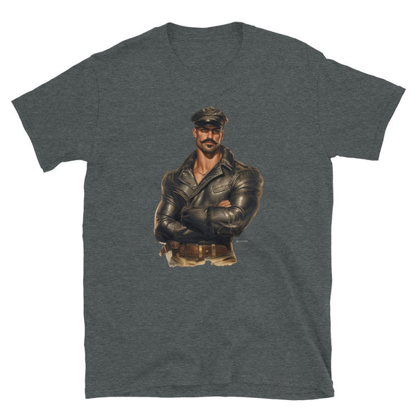 Dark grey gay shirt with a bear man in leather uniform design.