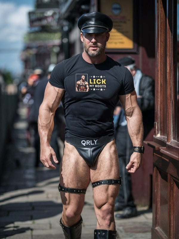 Muscular man in a Gay Lick My Boots Leather Daddy tshirt, showcasing pride apparel.