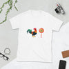 Gay Men Man Rooster Cock Sucker Lollipop T-Shirt Funny Gay Kinky Tee BDSM Pride Shirt on a white t-shirt.