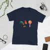 Gay Men Man Rooster Cock Sucker Lollipop T-Shirt Funny Gay Kinky Tee BDSM Pride Shirt on navy cotton.