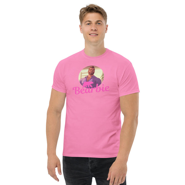 Gay Men's Gay Bear & Cubs - Hairy Men - Bearbie Shirt - Ken Shirt in pink on model.