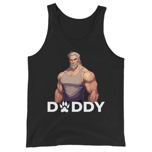 Muscular graphic tank top featuring bear design text 'DADDY', part of gay pride apparel.