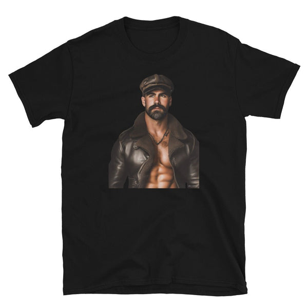 Gay Older Daddy Bear Leather Shirt - Pride Gay Biker Daddy Bear t-shirt with muscular model.