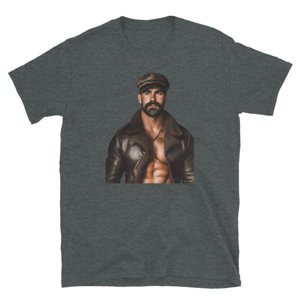 Gay Older Daddy Bear Leather Shirt featuring a muscular man in a leather jacket.