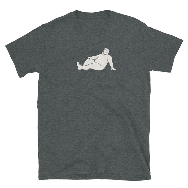 Funny gay shirt featuring a relaxed bear graphic on a dark gray t-shirt.