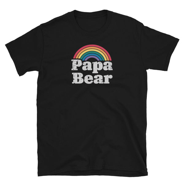 Gay Papa Bear Community Tshirt for Gay Pride Shirt Gay Bear Tee Rainbow on black fabric with rainbow design.