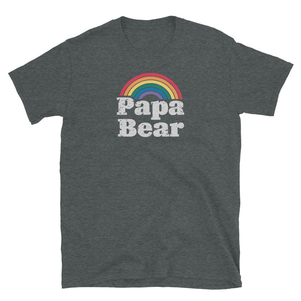 Gay Papa Bear Community Tshirt for Gay Pride Shirt Gay Bear Tee Rainbow in dark grey with rainbow graphic.