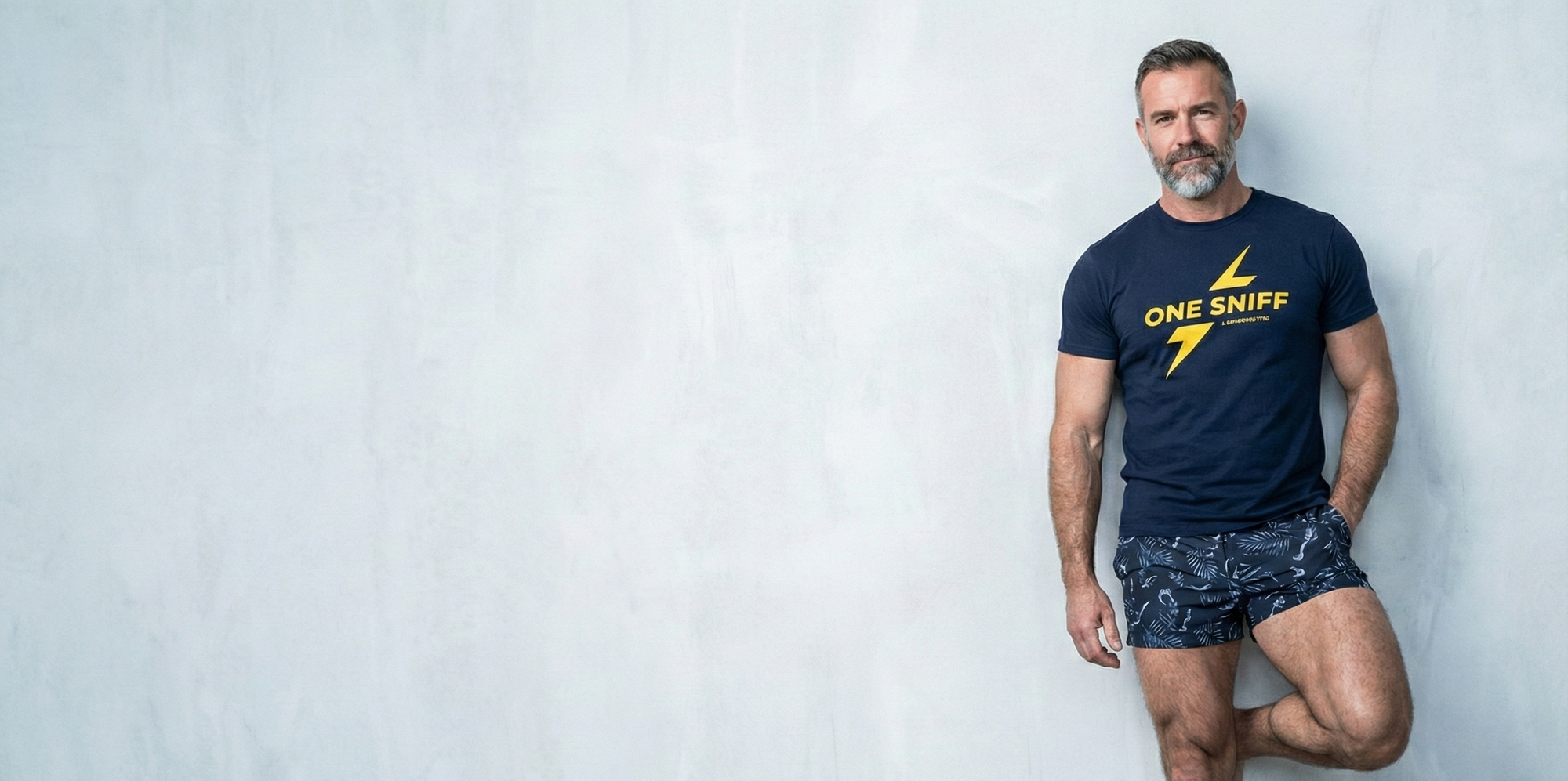 funny gay poppers shirt worn by muscular daddy man with rush parody design on navy tee