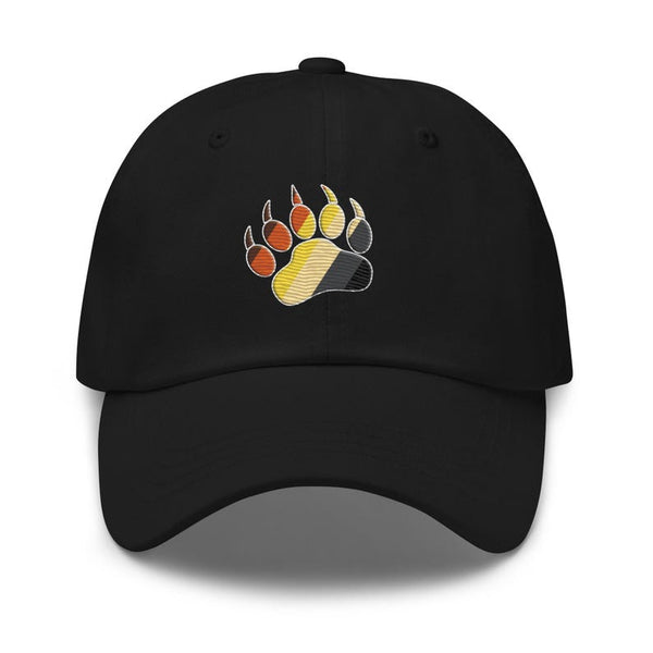 Black cap with colorful bear paw design, representing Gay Pride Bear Bear Paw Hat.
