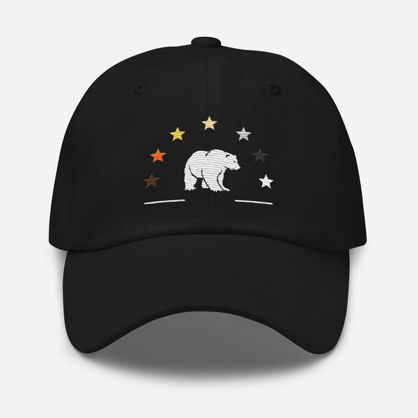 Black dad hat featuring bear graphic and colorful stars, ideal for gay pride apparel.