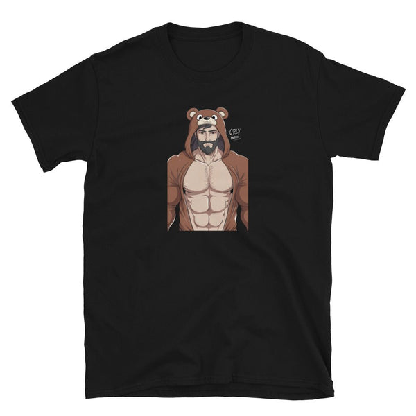 Gay Pride Shirt - Daddy BearLGBT Pride Rainbow For Gay Bear Tees featuring a muscular man in a bear hooded shirt.