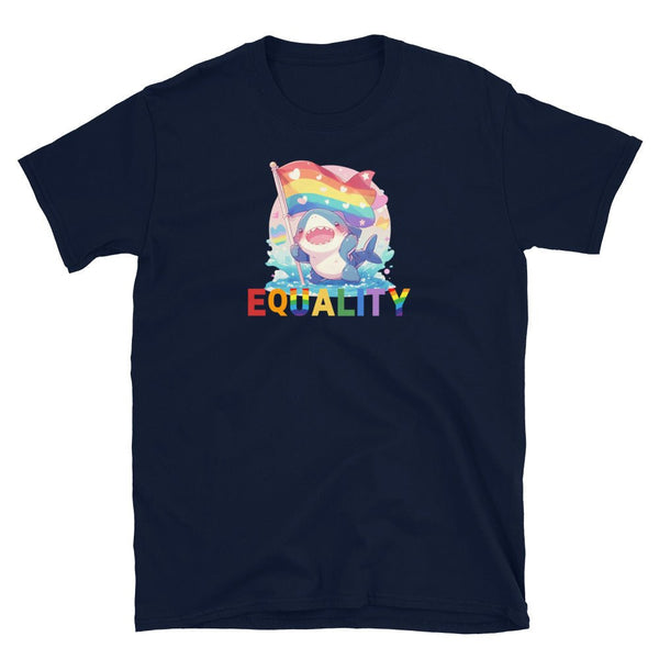 Funny LGBTQ Pride shirt featuring a rainbow shark and "EQUALITY" text.
