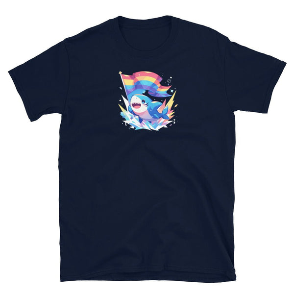 Gay Pride Shirts LGBTQ Ally Gift Shark Rainbow Gay Flag Funny LGBTQ Pride on navy t-shirt.