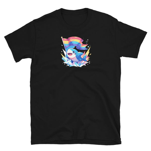 Black t-shirt featuring a shark and rainbow flag design, perfect for gay pride apparel.