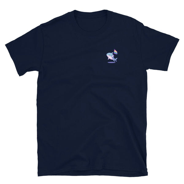 Navy blue gay shirt with shark graphic and rainbow flag design, perfect LGBTQ pride apparel.