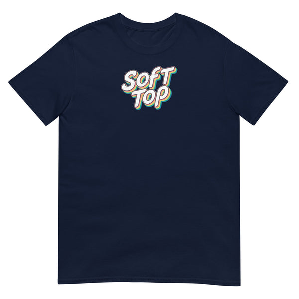 Navy blue gay shirt featuring 'SOFT TOP' text, part of gay pride apparel.