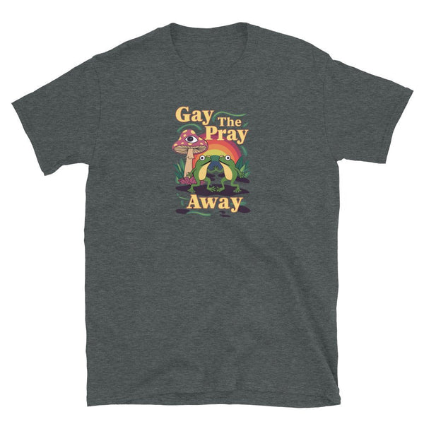 Dark heather gay shirt featuring 'Gay The Pray Away' design with colorful graphics.