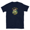 Navy blue shirt with 'GAY THE PRAY AWAY' graphic featuring vibrant frogs and mushrooms.
