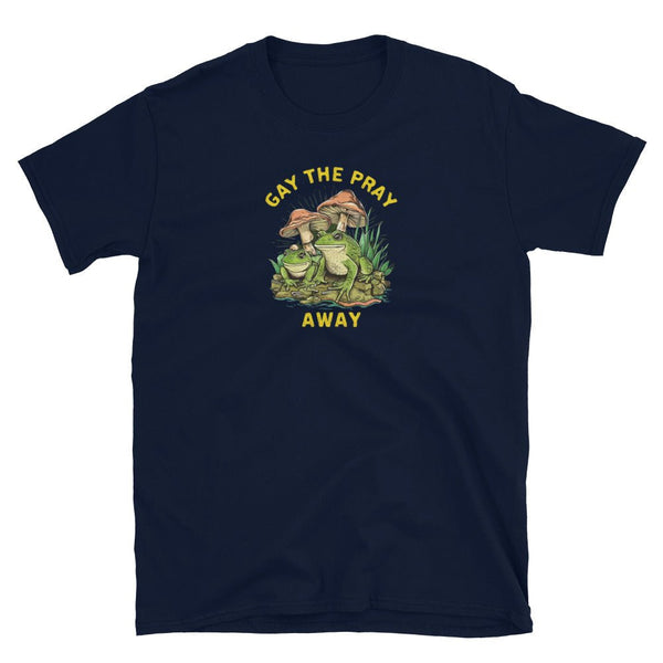 Navy blue shirt with 'GAY THE PRAY AWAY' graphic featuring vibrant frogs and mushrooms.