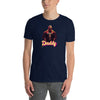 Navy blue gay shirt featuring a bold 'Daddy' graphic design, ideal for pride apparel.