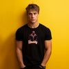 Model wearing black gay pride shirt with 'Daddy' graphic, showcasing gay vintage picture Leather Daddy Gay LGBTQ Pride.