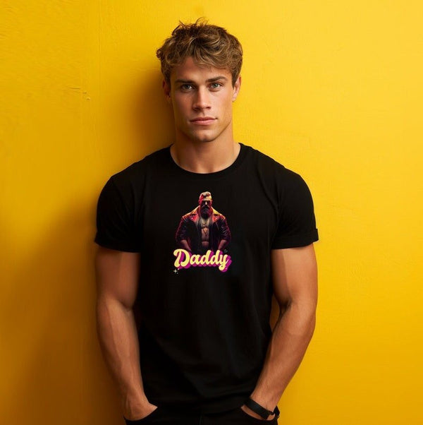 Model wearing black gay pride shirt with 'Daddy' graphic, showcasing gay vintage picture Leather Daddy Gay LGBTQ Pride.