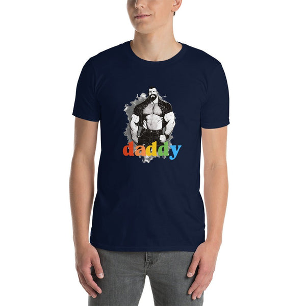 Navy blue gay shirt featuring Leather Daddy graphic and colorful 'daddy' text.