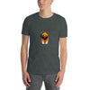 Model wearing Geometric Gay Bear T-Shirt in dark heather gray.