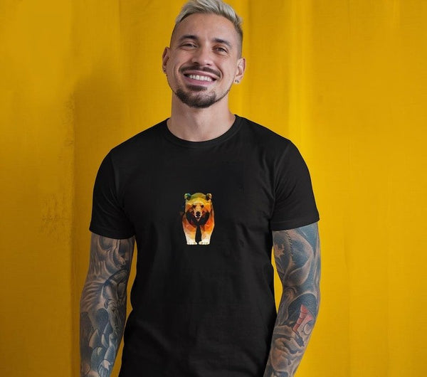Model wearing a geometric gay bear t-shirt, showcasing vibrant bear graphic design.