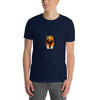Model wearing a geometric gay bear t-shirt in navy, featuring a colorful bear graphic.