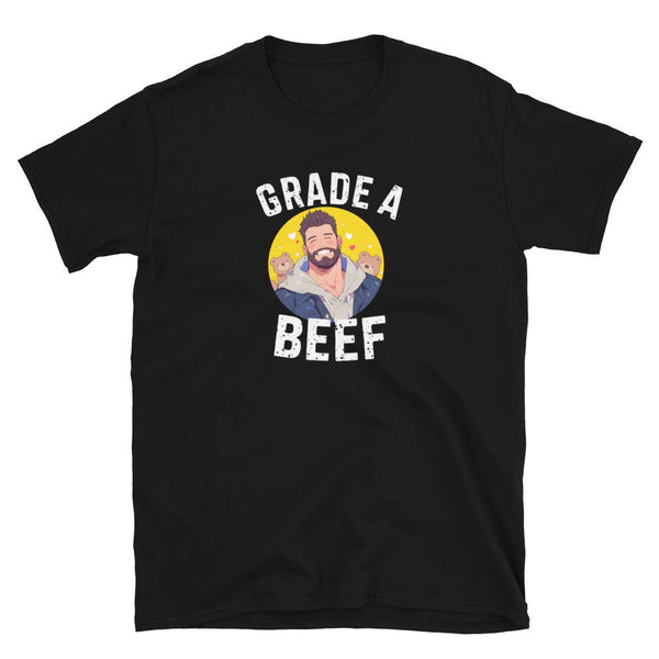 Black shirt featuring 'Grade A Beef' graphic, perfect gay pride apparel for bear men.