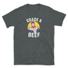 Gray t-shirt featuring Grade A Beef design, ideal gay pride apparel for bear community.