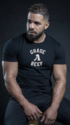 Stylish man in a black pride shirt, showcasing Grade A Beef flag design, ideal for gay bear community.