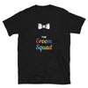 Black t-shirt featuring colorful text design for Groom Squad Shirt LGBT Pride Rainbow Bachelor Party Gift.