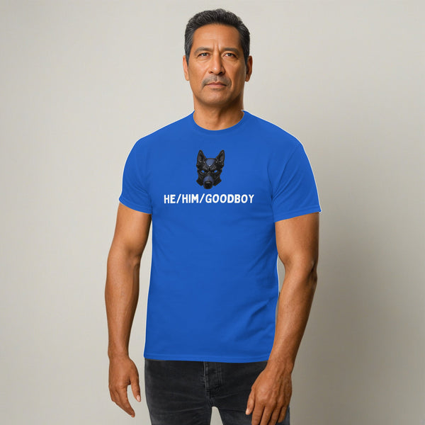 Model wearing blue He Him Good Boy Pronoun LGBTQ Gay Pup Play Shirt.