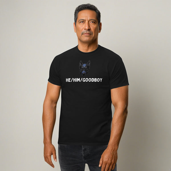 Black He Him Good Boy Pronoun LGBTQ Gay Pup Play Puppy Play Shirt on model.