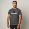 Model wearing He Him Good Boy Pronoun LGBTQ Gay Pup Play Shirt in dark gray.