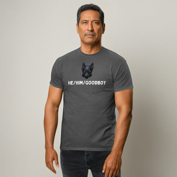 Model wearing He Him Good Boy Pronoun LGBTQ Gay Pup Play Shirt in dark gray.