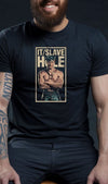 It Slave Hole Pronoun T-Shirt on model, black gay shirt with graphic design.