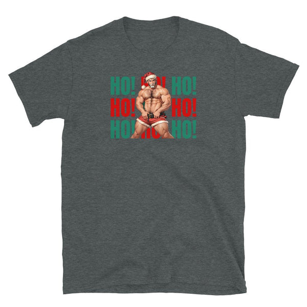 Gay shirt featuring a muscular man in Santa hat, vibrant holiday graphics, perfect for pride apparel.