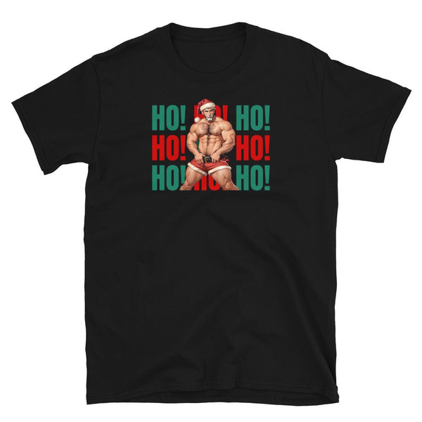 Black gay shirt with Santa design, featuring muscular man and holiday colors. Ho Ho Ho Daddy Jingle My Bells - Gay Bear - Gay Daddy Hunk - Santa Christmas Gay LGBT.