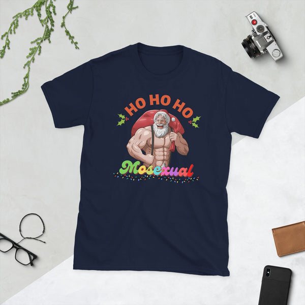 Funny gay shirt featuring muscular Santa and colorful text design, perfect for gay pride apparel.