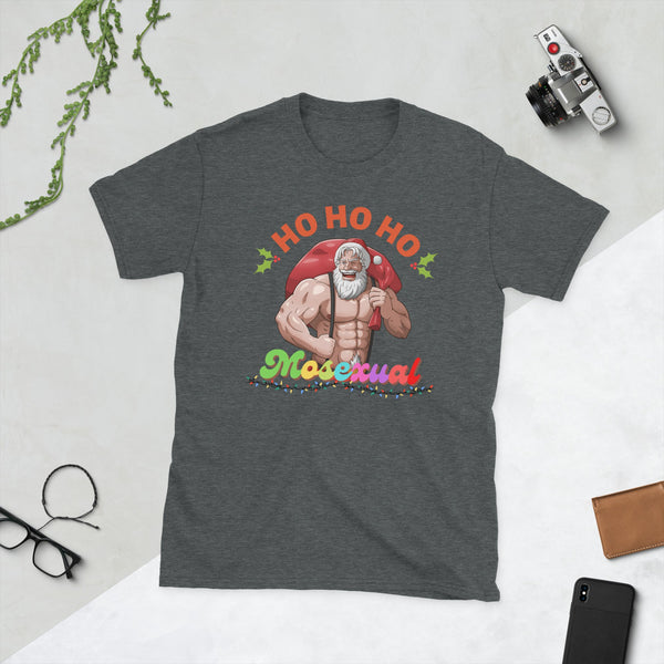 Gay shirt featuring a muscular Santa with "Ho Ho Ho Mosexual" design.