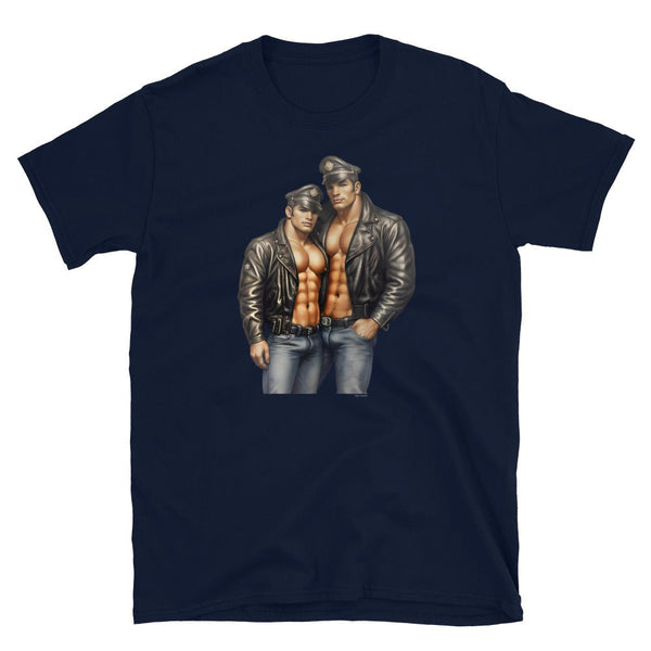 Hot Gay Hunk Moustache Daddy Leather Jacket Gay Pride Vintage Biker graphic t-shirt featuring muscular men in leather jackets.