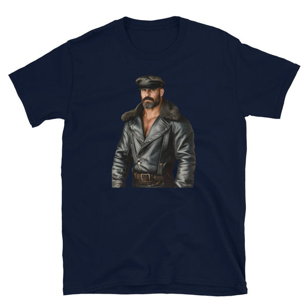 Hot Gay Hunk Moustache Daddy Leather Jacket Gay Pride Vintage Biker t-shirt design featuring a muscular man in leather.